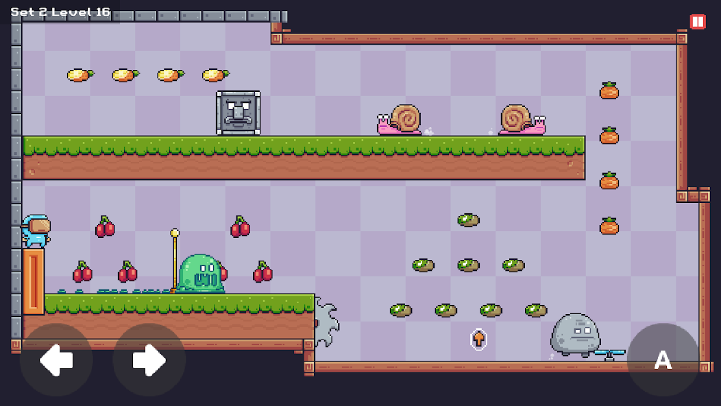 Pixel Fantasy level with enemies, fruit and a spinning saw